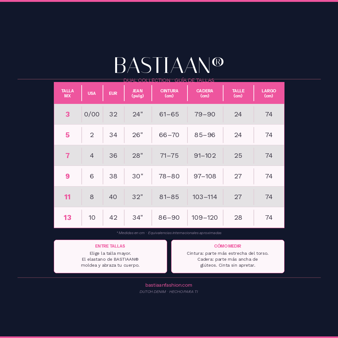 Guía de tallas BASTIAAN® Dual Collection